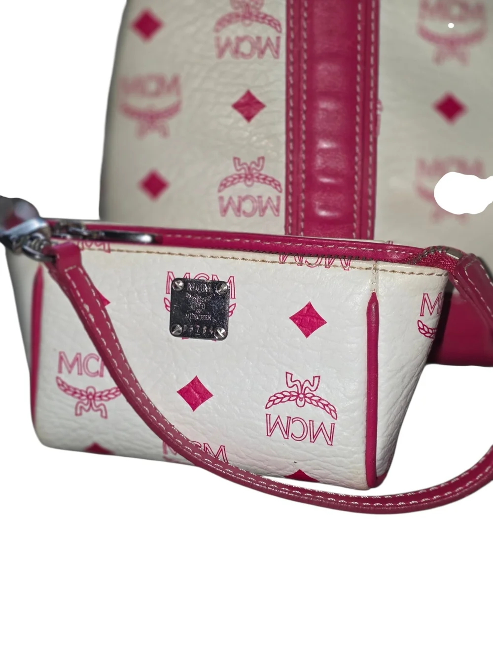 MCM Beige & Pink Visetos Tote w/ Matching Wristlet & MCM Charm & silver Hardware - Picture 12 of 16
